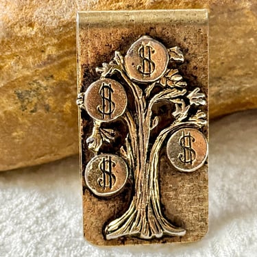 Money Clip, Cash or Cards Holder, Money Tree Design, Unisex, Gold Tone Metal, Vintage 60s 70s 