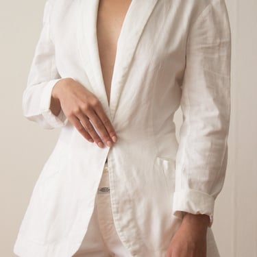 1980s Norma Kamali White Cotton Single Button Blazer 