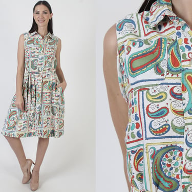 Paisley Party Dress With Pockets, Belted Cocktail Tank Sundress, Vintage 60s All Over Print Mini Frock 