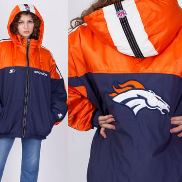 90s Denver Broncos Hooded Starter Jacket - Men's XL | Vintage Orange Blue NFL Football Oversize Puffy Coat 