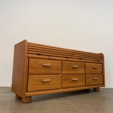 1980s Vintage Oak Ribbed Lowboy Dresser 