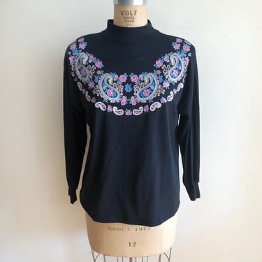 Paisley and Floral Print Mock-Neck Shirt - 1980s 