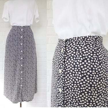1990's Size 10 Navy Floral Midi Skirt 