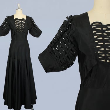 1930s Dress / 30s Black Cagework Floor Length Taffeta Gown / Puffed Sleeves 
