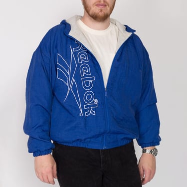 Large 90s Reebok Blue Hooded Big Logo Windbreaker | Vintage Zip Up Spell Out Streetwear Track Jacket 