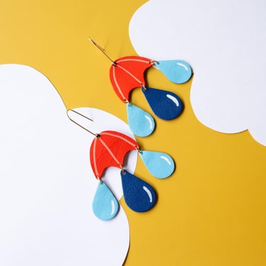 Rainy Days Umbrella + Raindrop Statement Reclaimed Leather Earrings 