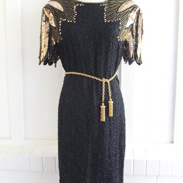 Beaded - Gold/Black - Feather - Wing - Angel - Cocktail Dress - Beading on Silk - by Stenay - Marked size 16 