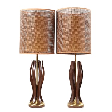 Modeline Style Mid Century Walnut and Brass Lamps - Pair - mcm 