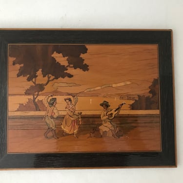 Vintage Italian Wood Picture Marquetry Inlay Mid Century Water Dancers Guitar Player Scene 