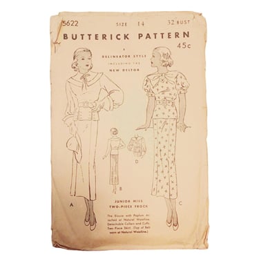 Vintage 30s Sewing Pattern:  Dress w/Collar & Belt Butterick 5622 