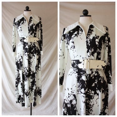 60s 70s Black and White Floral Psychedelic Maxi Dress Size S / M 
