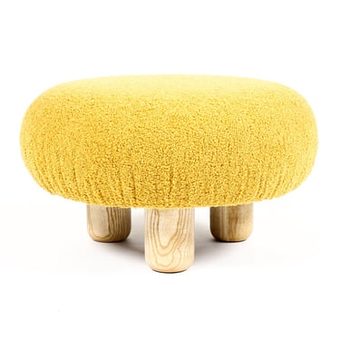 Custom Modernist Japandi Bolete Ottoman / Footstool — Turned Ash legs — Goldenrod Bouclé — Chunky / Low Profile 