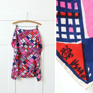 vintage 1960s VERA bright abstract scarf • pink red & blue mod squares oversized silk scarf 