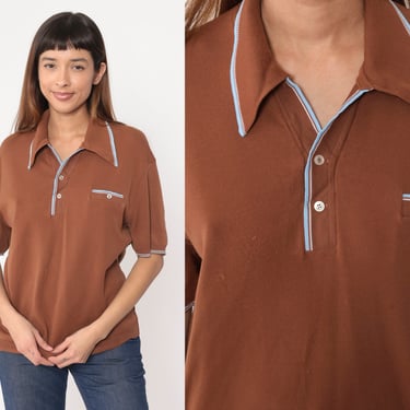 70s Knit Polo Shirt Brown Collared Top Retro Preppy Short Sleeve Banded Hem Seventies Ringer Vintage 1970s Acrylic Medium M 