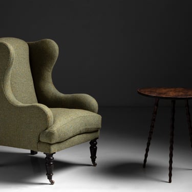 Wing Chair in Herringbone Tweed by Pierre Frey with Oak Bobbin Table