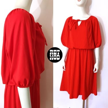 Billowy Chic Vintage 70s Bright Orange-Red Elastic Waist Dress 