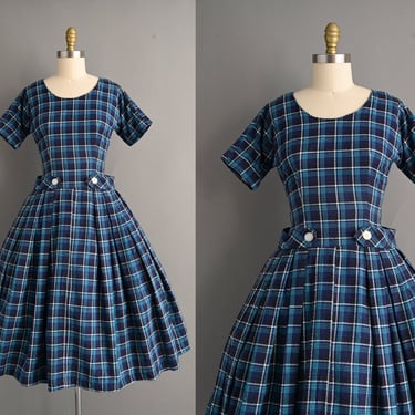 vintage 1950s Kay Junior Plaid Print Cotton Dress - Small 