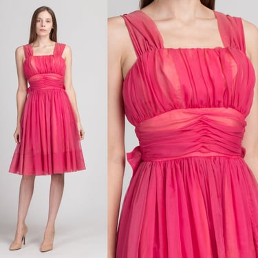 60s Pink Chiffon Party Dress - Extra Small | Vintage Miss Trude Sleeveless Fit & Flare Knee Length Midi Dress 