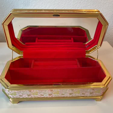 Vintage Gold Brocade Jewelry Box wirh Red Velvet lining | Floral Fabric Trinket Box | Gold Trim Floral Storage Box | Gift Box 