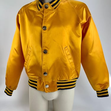 Vintage Satin Bomber Jacket - FIELD & STREAM - Deep Yellow Satin - Navy and Yellow Knit Details - Men's Size Large 