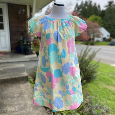 60’s deadstock mini dress~ A line smock puff sleeves Summer dress tunic flower power floral print baby blue pink beige size SM 