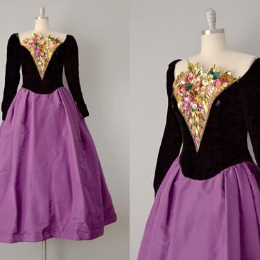 1980’s Bob Mackie Sequined Velvet & Silk Taffeta Ball Gown / 80s Gown / Designer Vintage / Size Small Medium 