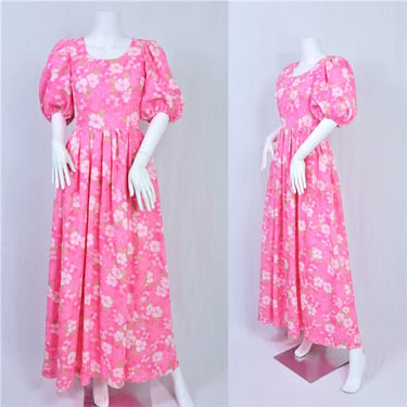 1970's Hot Pink Pastel Puff Sleeve Floral Maxi Dress I Sz Med 