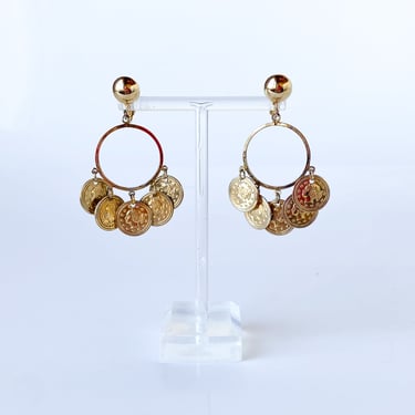 Gold Metal Coin Hoop Clip On Earrings