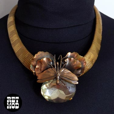 Fantastic Vintage Art Deco Style Statement Necklace with Locust & Giant Rhinestone Pansy by ER 