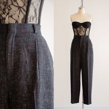 high waisted pants 80s 90s vintage black rainbow tweed wool dark academia pleated straight leg trousers 