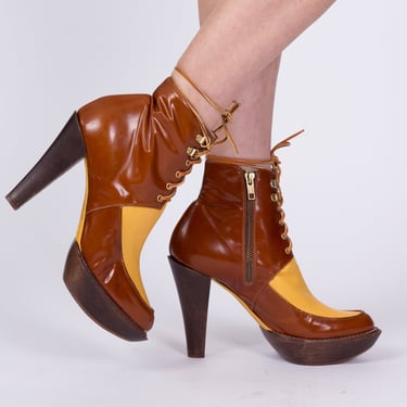 70s Style Brown Patent Leather Platform Ankle Boots - Size 7.5 | Vintage Beau Coops Karen Walker Lace Up Spectator Heels 