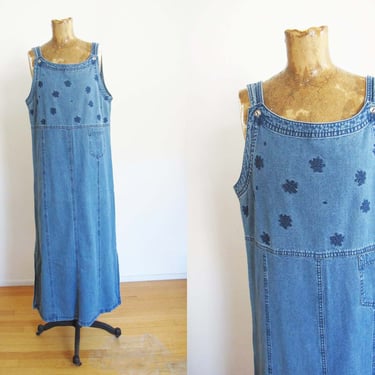 90s Denim Max Dress M - Vintage 1990s Long Blue Jean Sundress -  Empire Waist Grunge Overall Strap Dress 