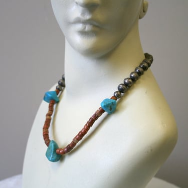 1980s Turquoise, Jasper, and Metal Bead Necklace 