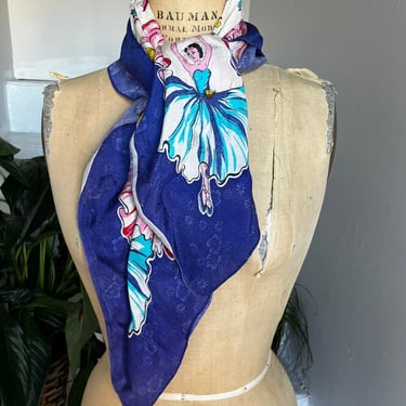 Whimsical 1940s Novelty Print Large Rayon Scarf Featuring Glamorous Ballerinas Vintage Colorful Scarf Ballet 