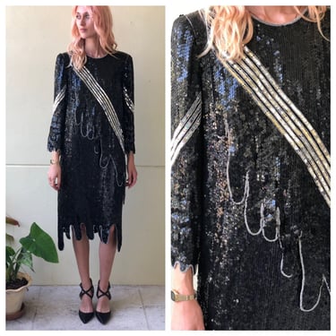 1980's Sequin Tunic Dress / Judith Ann Creations Dress / Silver Black Flapper Sequined Dress / Fringe Beaded Dress / Sexy NYE Dress 