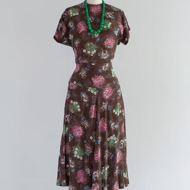 Lovely 1940's Chocolate Rayon Summer Floral Print Dress / Small