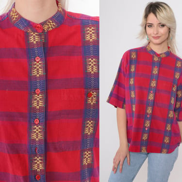 Geometric Checkered Shirt 90s Red Plaid Embroidered Button Up Blouse Mandarin Collar Vintage 1990s Short Sleeve Purple Oversized Small S 