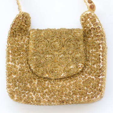 Vintage 1960s or 70s Gold Purse | Beaded Clusters & Sequins | Rosette Flap 