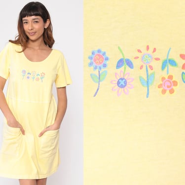 90s Floral Tshirt Dress Yellow Fresh Produce Vintage Pocket Cotton Beach Cover Up Scoop Neck Graphic Dress 1990s Casual Day Small 