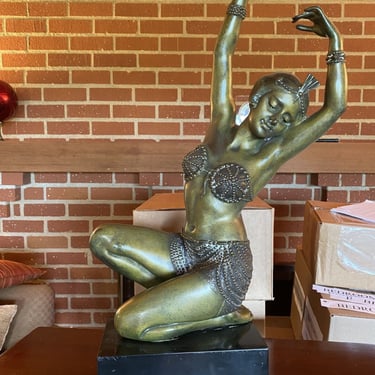 Large Neo Art Deco Bronze Flapper Girl Statue on Marble Base 