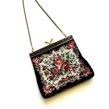 Vintage 1950s Petite Point Bag Embroidered Floral Tapestry Clutch Rose 50s Handbag 