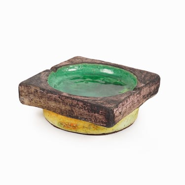 Italian Ceramic Ashtray Dish Mid Century Modern Pottery Green Brown Yellow 