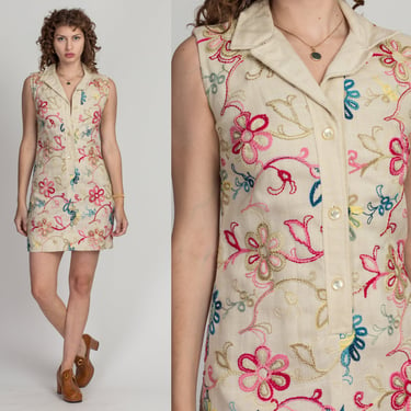 Small 60s Floral Embroidered Button Up Shift Dress | Vintage Charles F. Berg Boho Beige Sleeveless Collared Mini Dress 