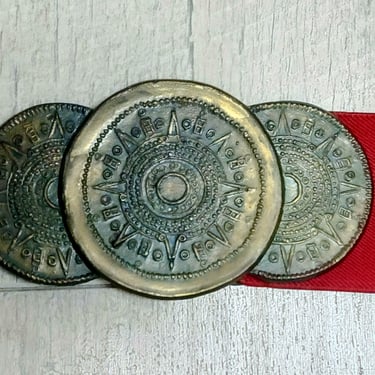 Vintage Mayan Belt Buckle Red stretchy elastic Belt Unisex Accessories Aztec theme 