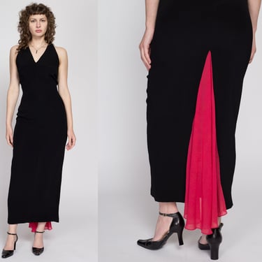 Medium 80s Nicole Miller Peekaboo Train Maxi Dress | Vintage Black Red Fitted Sleeveless Cocktail Party Evening Gown 