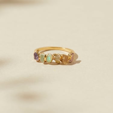 Pastel Rainbow Gemstone Ring, Handmade Crystal Jewelry, Raw Opal Ring, Topaz Ring, Birthstone Jewelry, Gift for Girlfriend, Gemstone Jewelry 