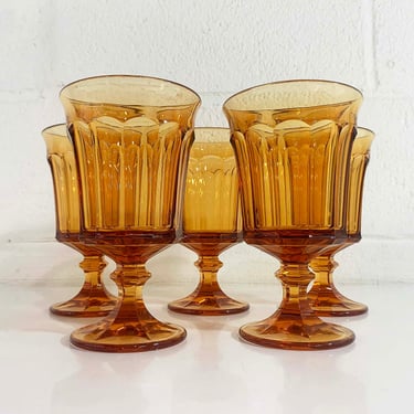 Vintage Amber Glasses Set of 5 Yellow Orange Glass Goblet Wine Water 1960s 