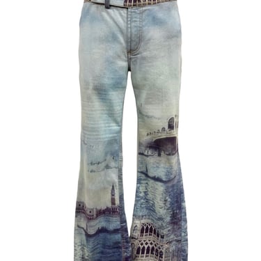 Vtg Vintage 1990s 90s Italian Made Duomo Scenic Print Low Rise Denim Flares 