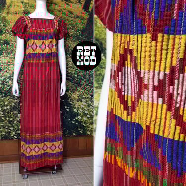 Cool Vintage 70s Red Yellow Blue Geometric Embroidery Long Boho Dress 