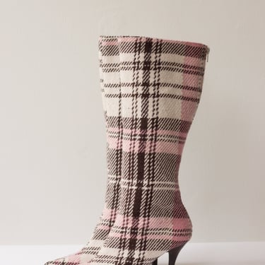 1990s Pink Plaid Wooly Knee High Boots 